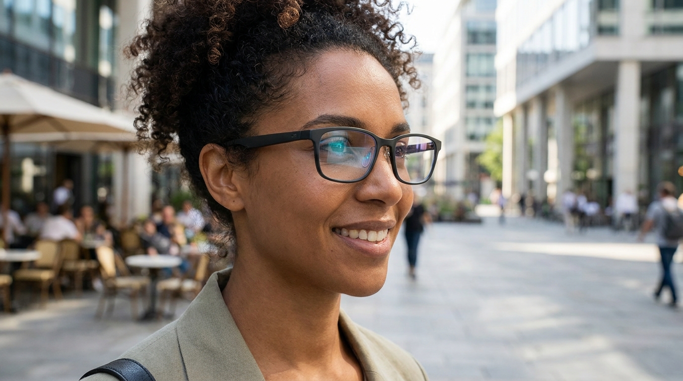 Sleek, minimalist smart glasses with a subtle glowing display visible on the lens, worn by a diverse, smiling person in an everyday setting. No visible camera lens on the glasses.