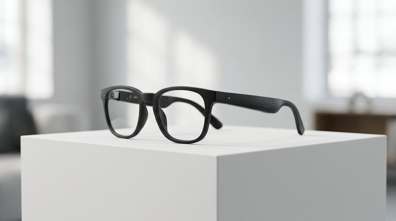 A sleek, minimalist pair of black glasses that appear identical to regular eyewear, with subtle, almost invisible tech features, resting on a clean white surface.