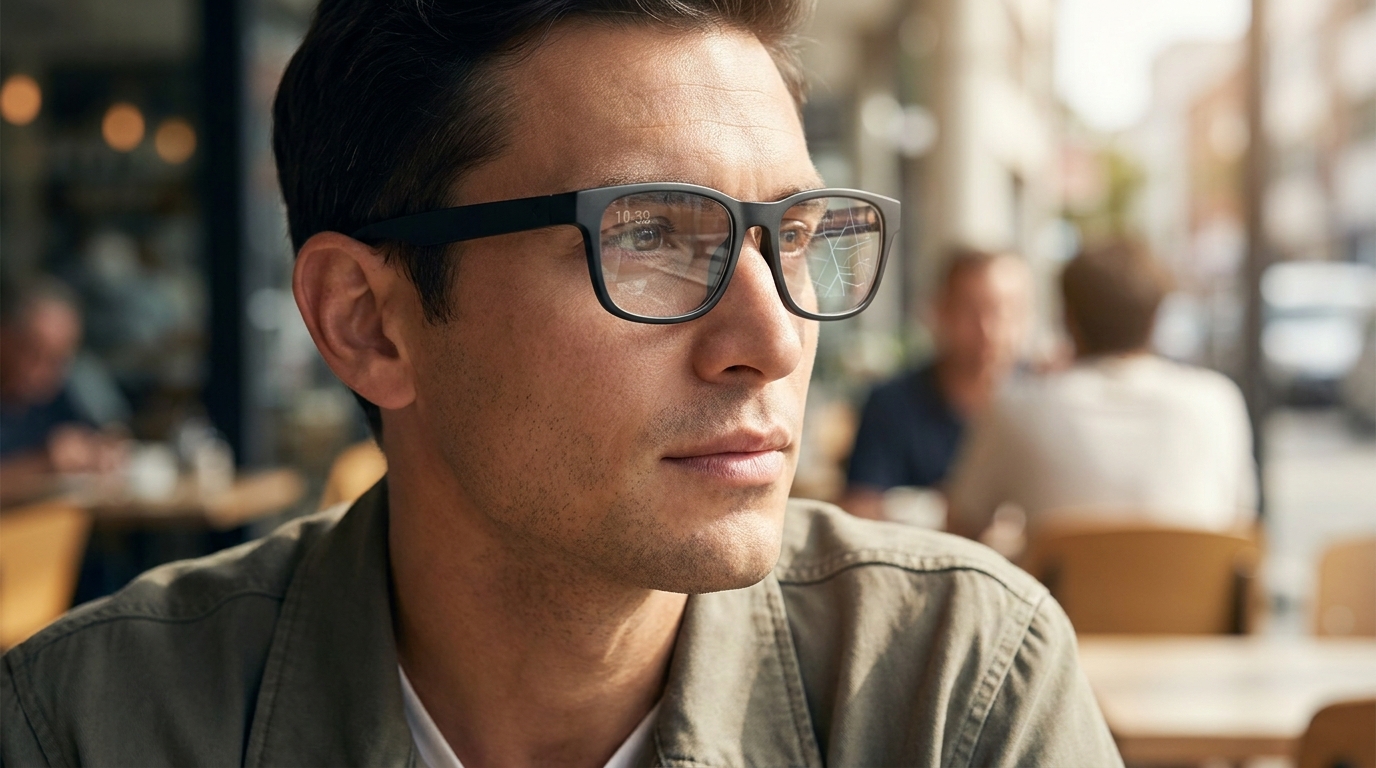 Elegante, leichte Smart Glasses mit einem subtilen HUD-Display, ohne sichtbare Kamera, die sich nahtlos in eine Alltagsumgebung einfügen.