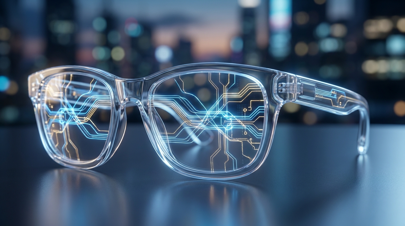 Abstrakte Darstellung eines neuronalen Netzwerks oder miteinander verwobener Schaltkreise in einem transparenten Smart Glasses Rahmen, symbolisierend die unsichtbare Kraft von Android XR.