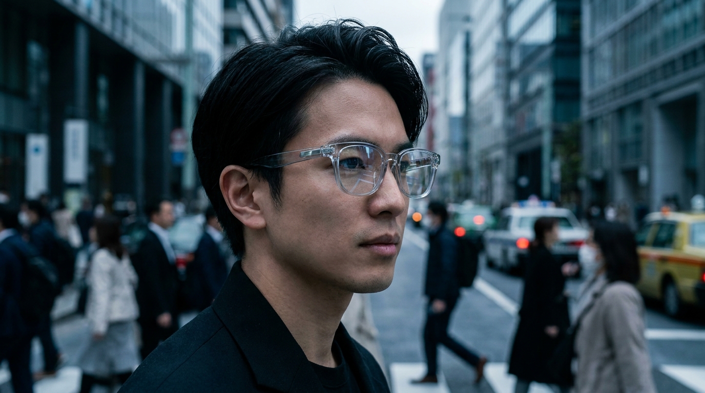 Ein verschwommenes, stilisiertes Bild einer Person, die elegante, futuristische Smart Glasses trägt, die fast unsichtbar sind und mit ihrem Gesicht verschmelzen. Der Hintergrund ist eine belebte, anonyme städtische Straßenszene, beton