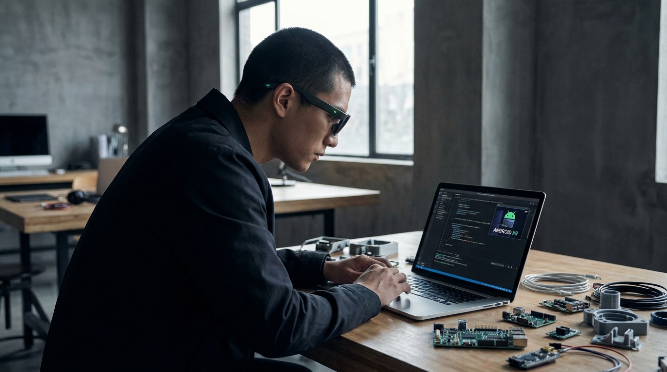 Ein Hacker mit schlanken, minimalistischen Smart Glasses, der auf einem Laptop mit sichtbarem Android XR-Logo programmiert, umgeben von Open-Source-Hardwarekomponenten.