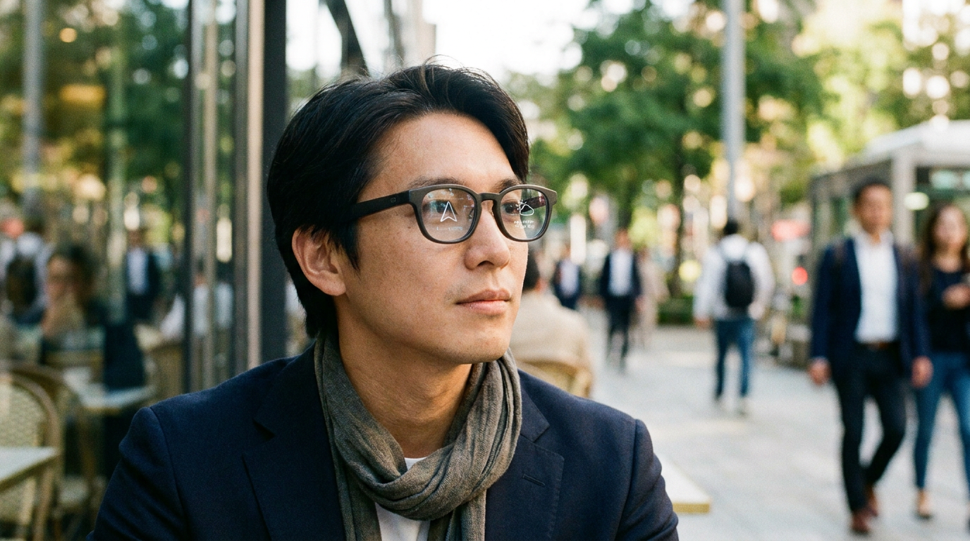 Eine Person trägt diskret einfache, kamerafreie Smart Glasses, mit subtilen, nicht-invasiven digitalen Informationen, die in ihr Sichtfeld eingeblendet werden und nahtlos in ein urbanes Umfeld integriert sind.