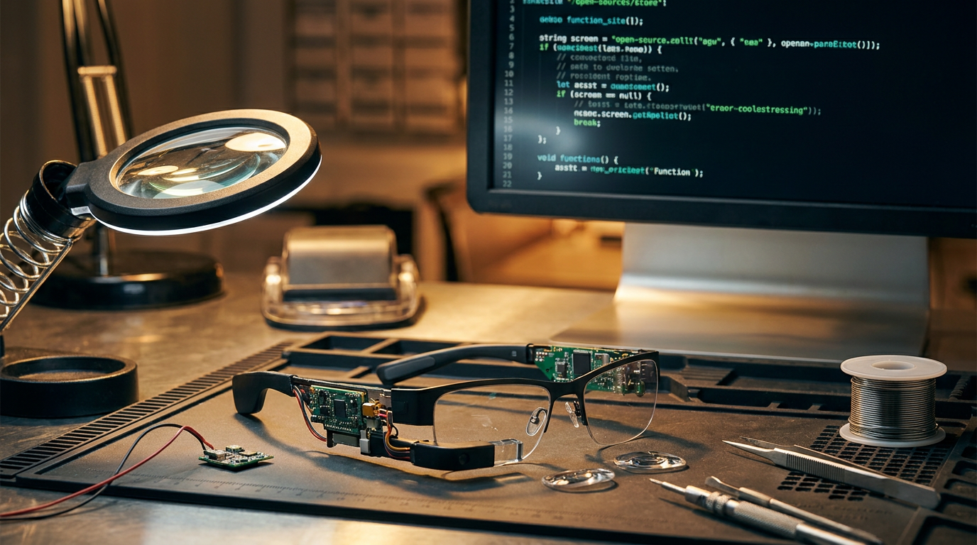 Nahaufnahme einer Hacker-Werkbank mit einem zerlegten Smart-Glasses-Rahmen und einem Bildschirm, der Open-Source-Code zeigt, was auf Eigenbau und Basteln hindeutet.