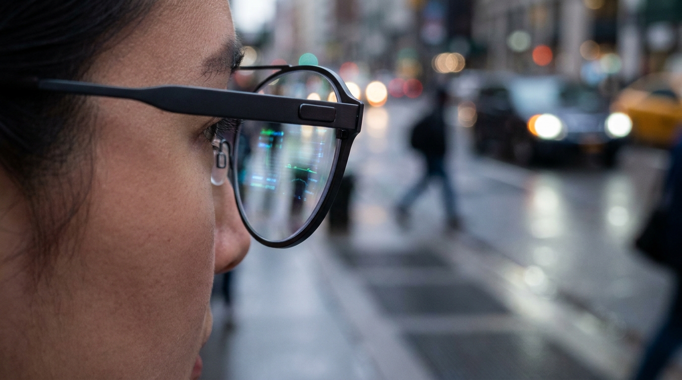 Nahaufnahme einer eleganten, minimalistischen Smart-Brille mit einem subtilen, leuchtenden Head-up-Display, das sich in der Linse spiegelt, vor dem unscharfen Hintergrund des alltäglichen Stadtlebens. Keine sichtbare Kameralinse.