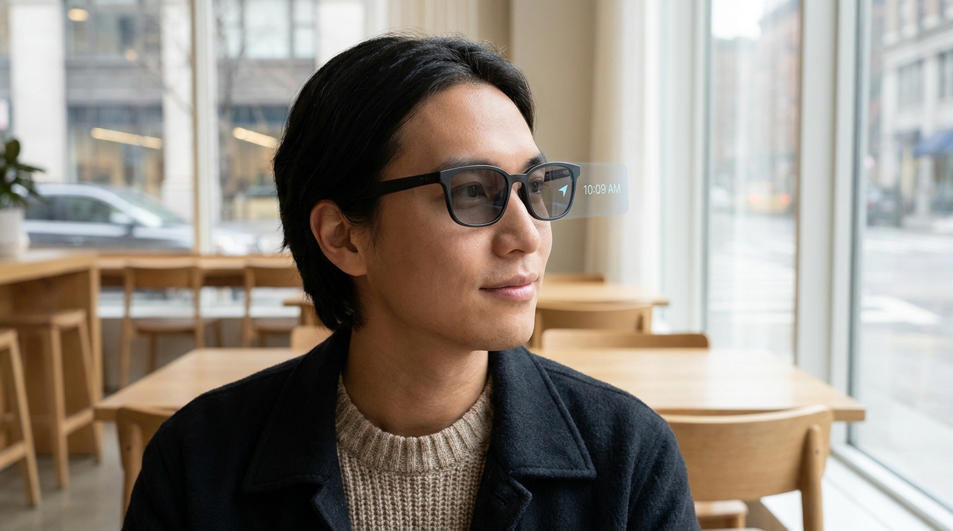 Elegante, minimalistische Smart Glasses, die sich nahtlos in das Gesicht einer Person in einer modernen, legeren Umgebung einfügen und subtile, nicht aufdringliche Informationen anzeigen.