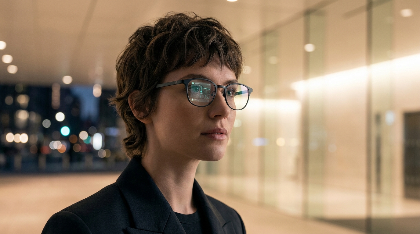 Eine Person trägt elegante, unaufdringliche Smart Glasses mit einem subtilen, leuchtenden Heads-up-Display, das in den Linsen sichtbar ist und eine diskrete Informationsüberlagerung ohne sichtbare Kameralinse andeutet.