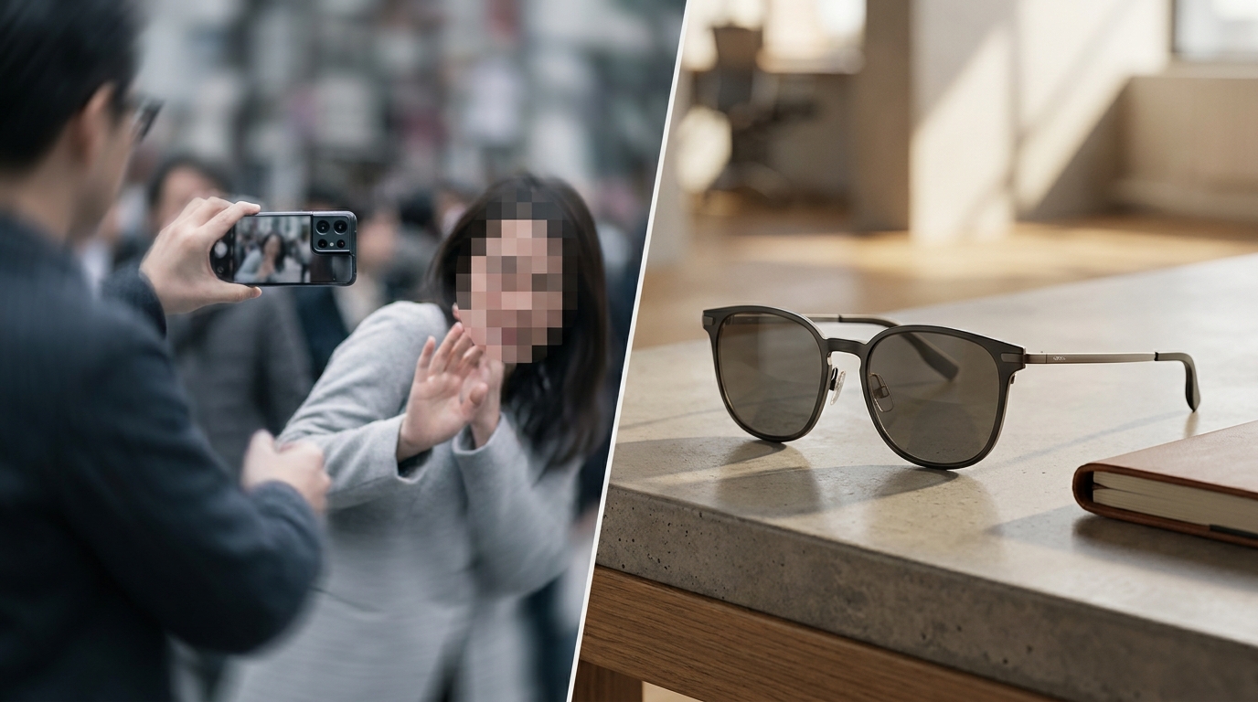 Ein geteiltes Bild: auf der einen Seite ein verschwommenes Bild einer Person, die von Smart Glasses aufgenommen wird und Unbehagen hervorruft; auf der anderen Seite eine klare, elegante, diskrete Display-only Smart Glasses.