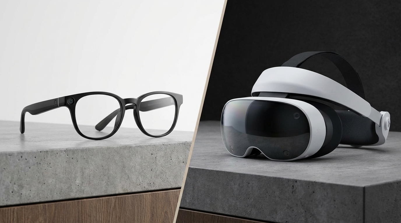 Ein geteiltes Bild zeigt elegante Meta Ray-Ban Smart Glasses auf der einen Seite und das klobigere Apple Vision Pro Headset auf der anderen Seite, symbolisiert gegensätzliche Ansätze bei tragbarer Technologie.