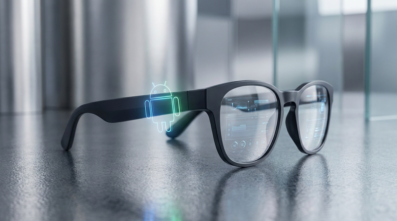 Abstract glowing Android robot logo integrated into a pair of sleek, modern smart glasses, with subtle digital overlays on the lenses.