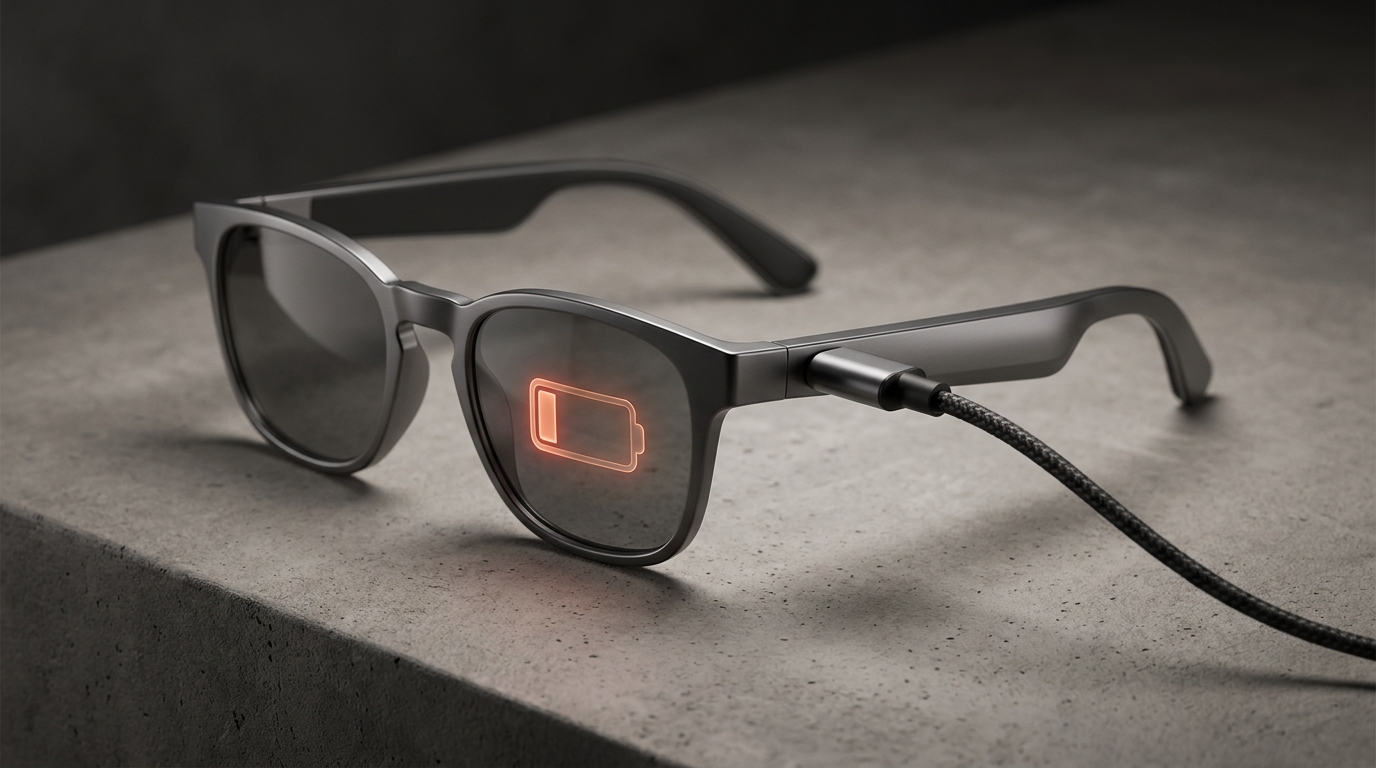 A sleek pair of smart glasses plugged into a charging cable, with a fading battery icon superimposed on the lens, symbolizing the core problem of limited power.
