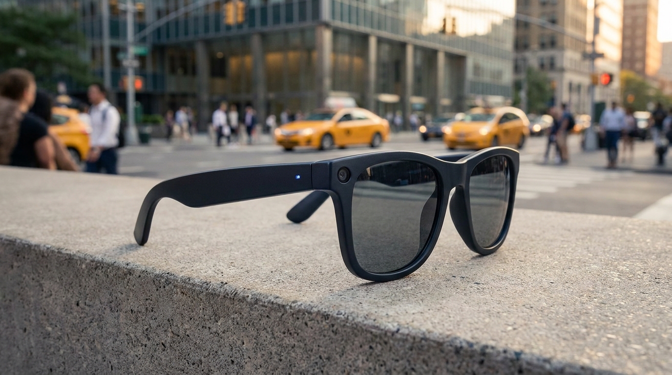A pair of sleek, modern smart glasses, resembling classic Ray-Ban frames, with subtle indicators of technology. The background is blurred, suggesting a busy, everyday urban environment.