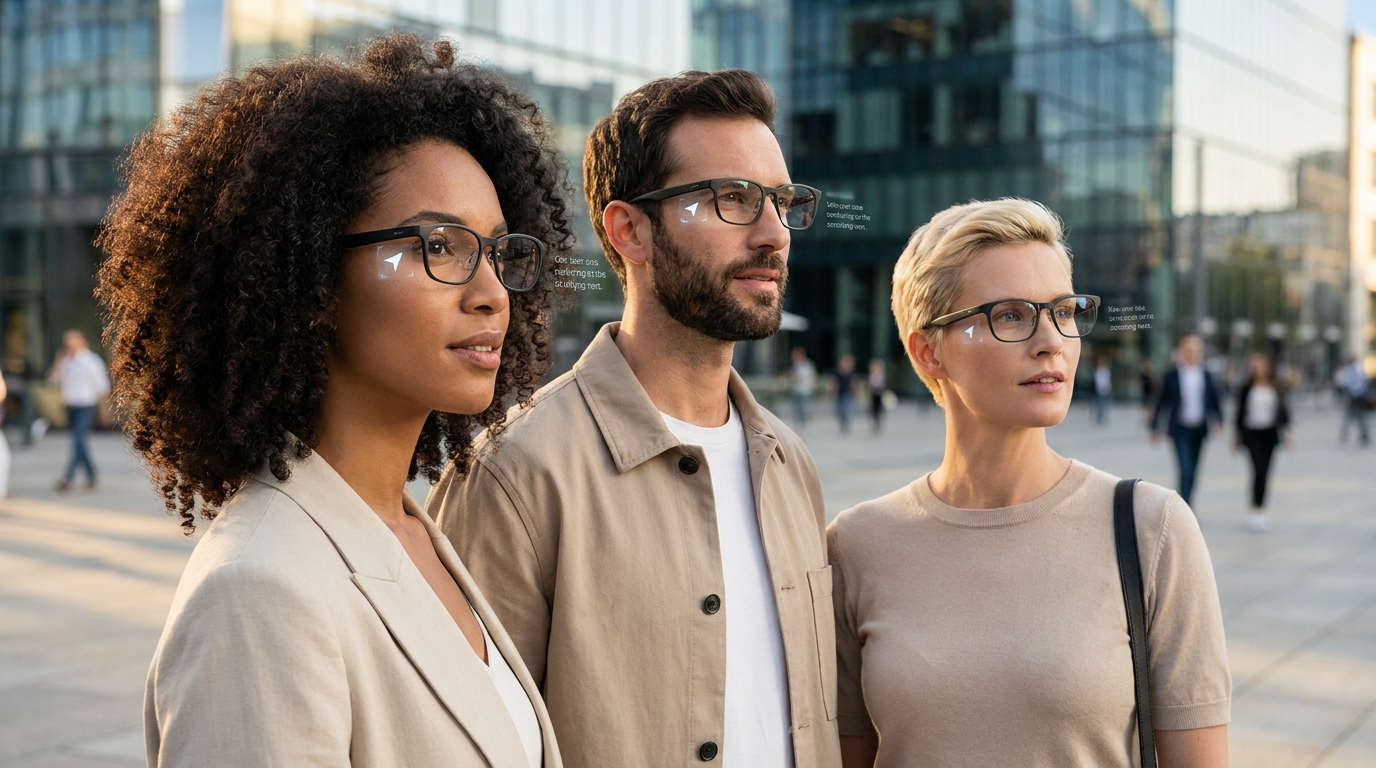 Three diverse individuals wearing sleek, minimalist smart glasses that display subtle augmented reality information like subtitles or navigation arrows over their real-world view.