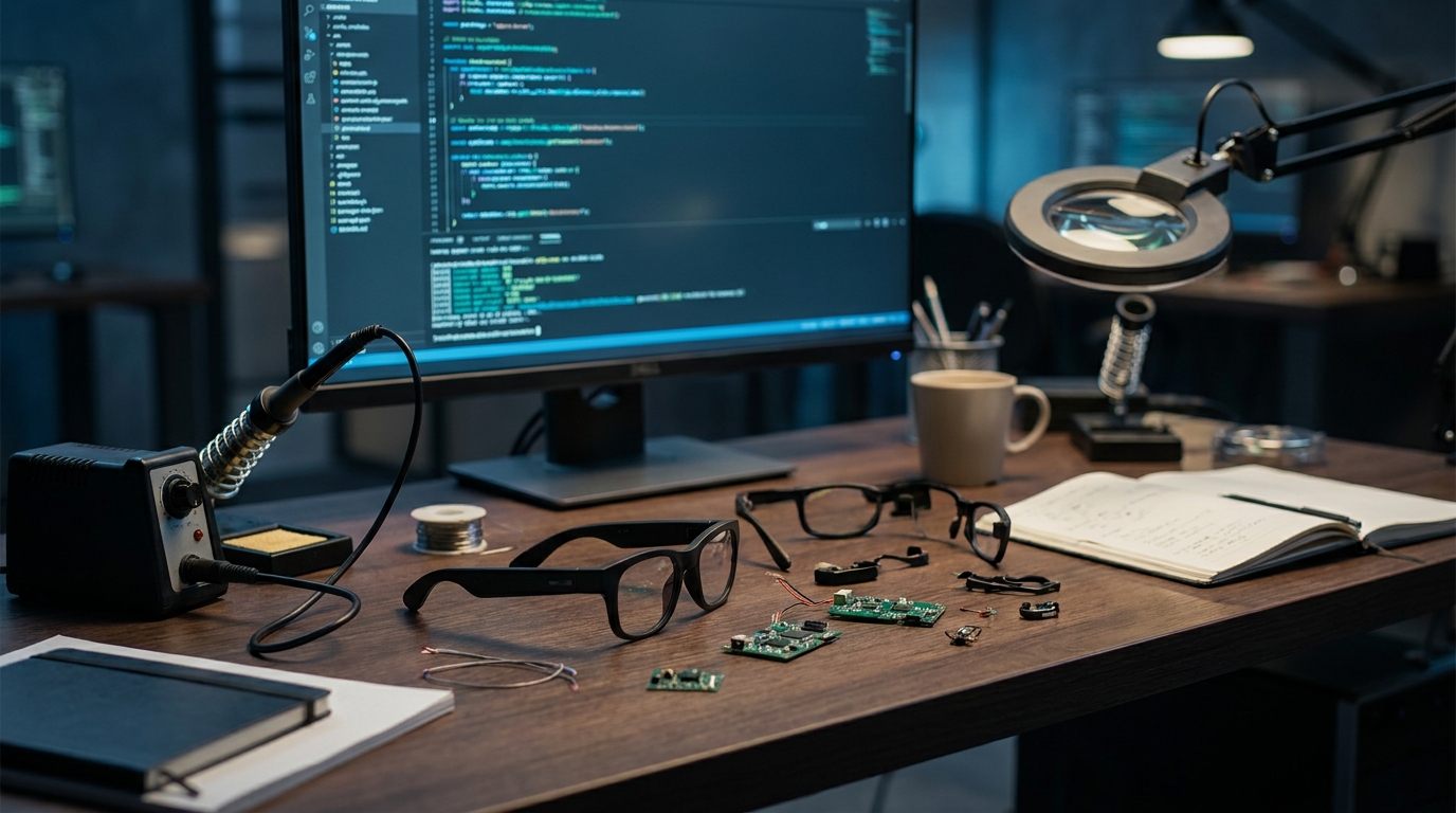 A hacker's desk with disassembled smart glasses frames, circuit boards, and soldering tools, bathed in the glow of a monitor displaying code, symbolizing open-source innovation.
