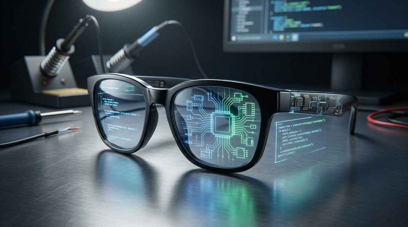 Eine Nahaufnahme von Smart Glasses mit überlagerten Schaltplänen oder Leiterplatten, die Hacking oder Open-Source-Entwicklung suggerieren.