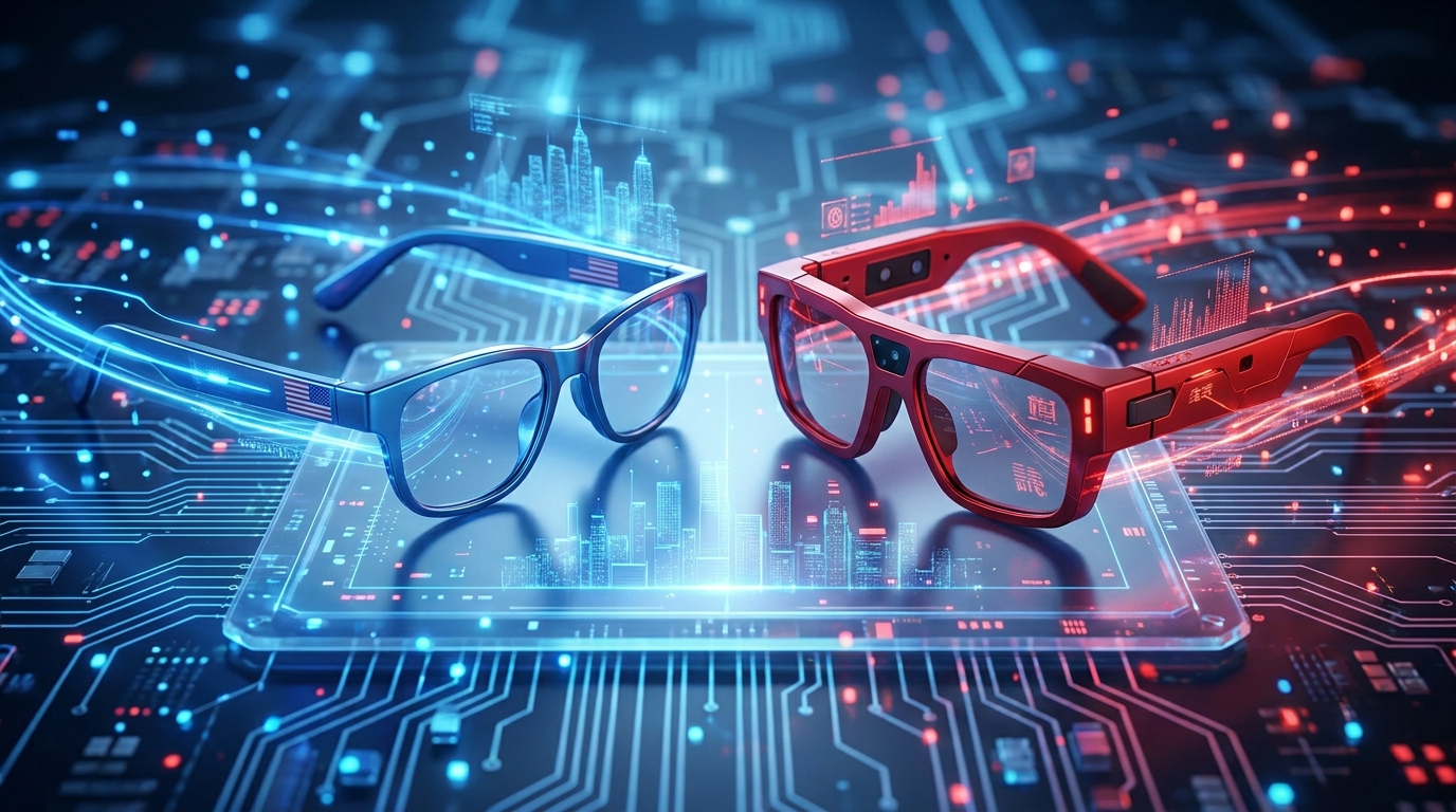 Une représentation futuriste de deux paires de lunettes connectées, l'une élégante et minimaliste, aux teintes bleues, représentant les États-Unis, et l'autre plus audacieuse, plus riche en fonctionnalités, aux teintes rouges, représentant