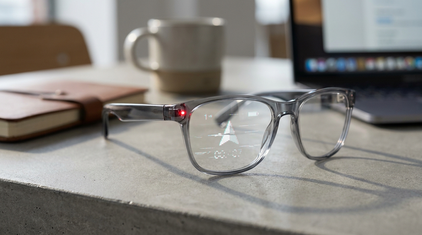 Smarte Brille mit einem schwach blinkenden Akku-Warnlicht, die Schwierigkeiten hat, eine Augmented-Reality-Einblendung anzuzeigen.