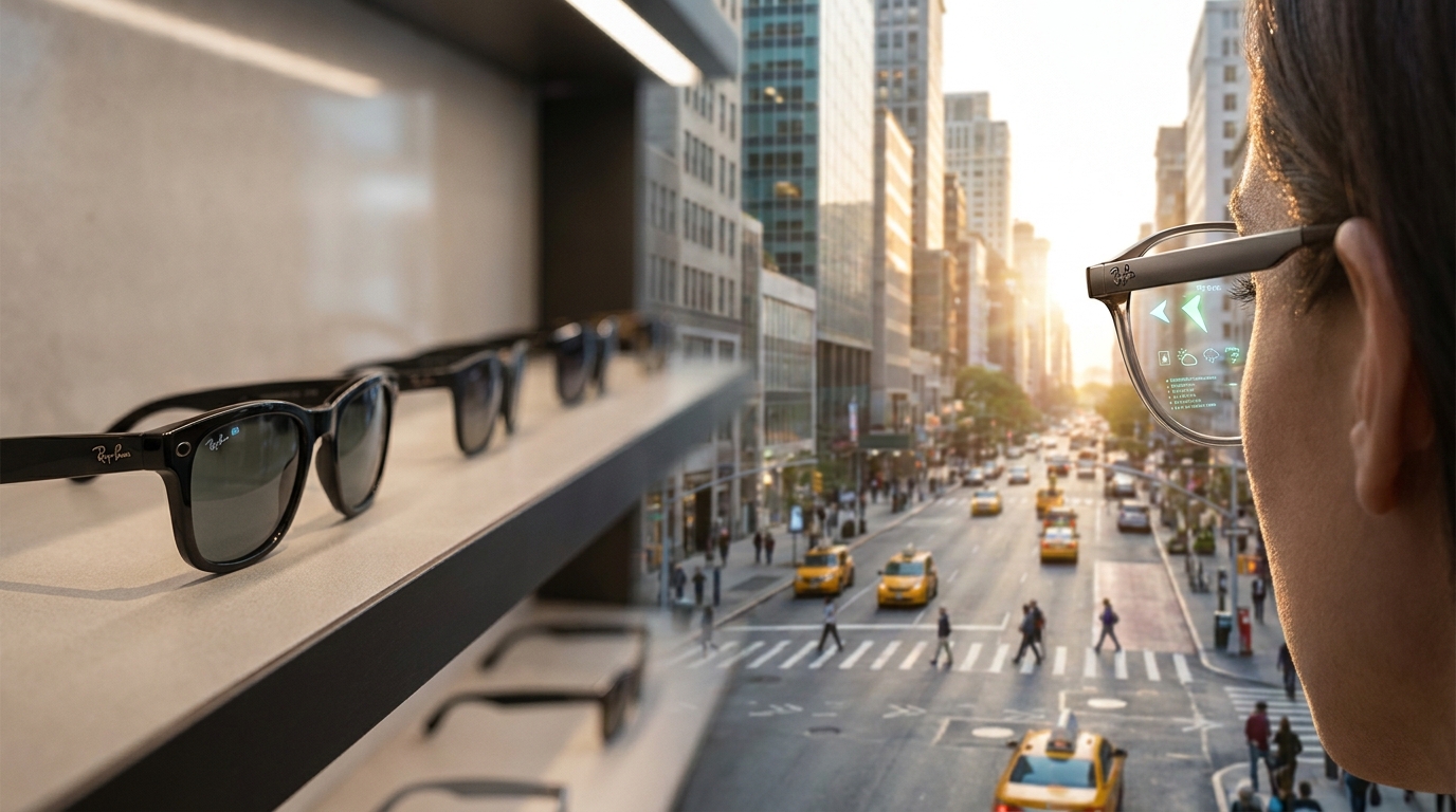 Schlanke, futuristische Smart Glasses mit transparenten Gläsern, die subtile, integrierte Augmented-Reality-Elemente über einer belebten Stadtstraße anzeigen, kontrastiert vor einem unscharfen, modeorientierten Hintergrund