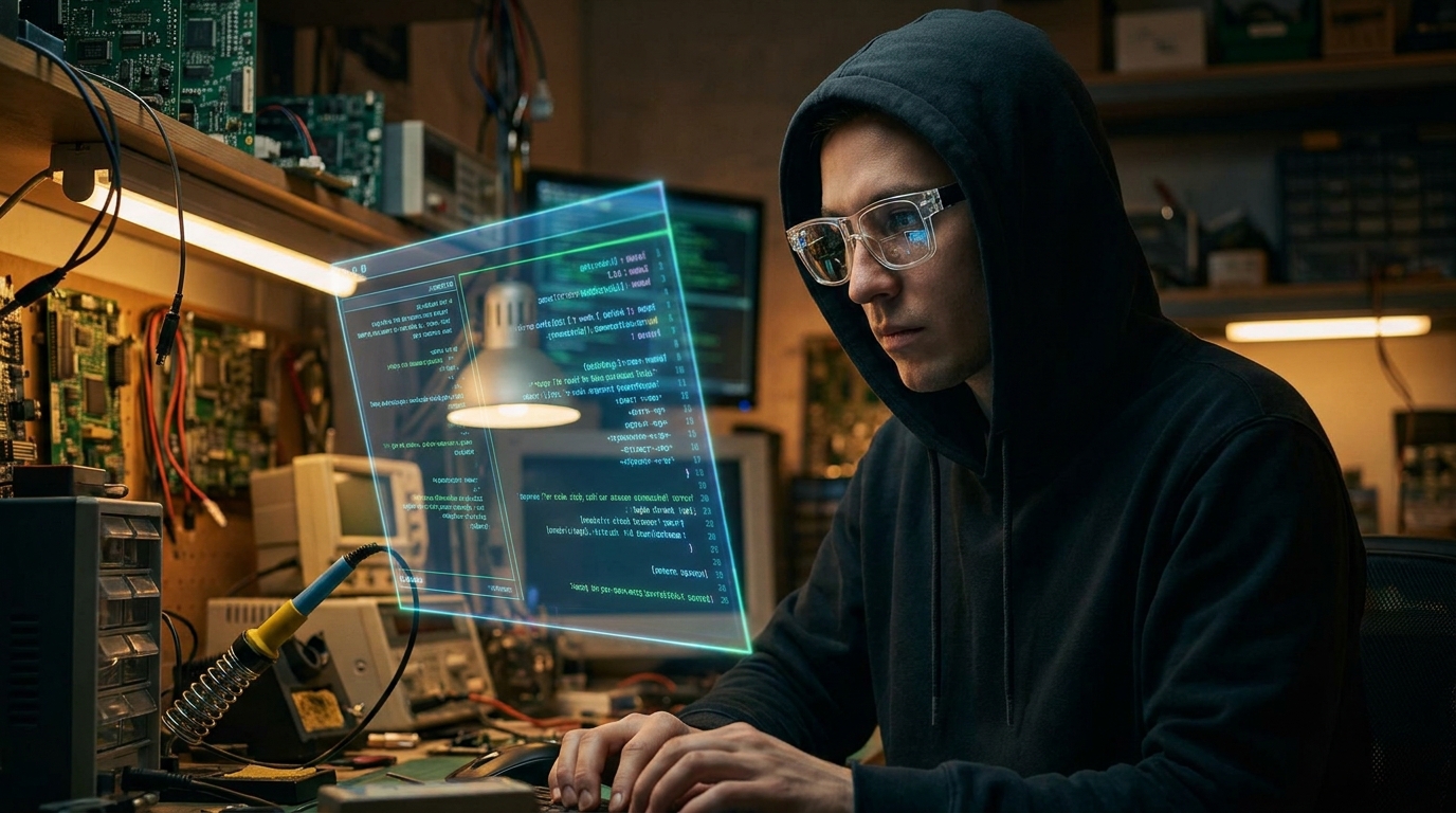 Ein Hacker trägt Open-Source-Smart Glasses und tippt Code auf einer holografischen Benutzeroberfläche, die aus den Linsen in einer schummrig beleuchteten Werkstatt voller Leiterplatten und Werkzeuge projiziert wird.
