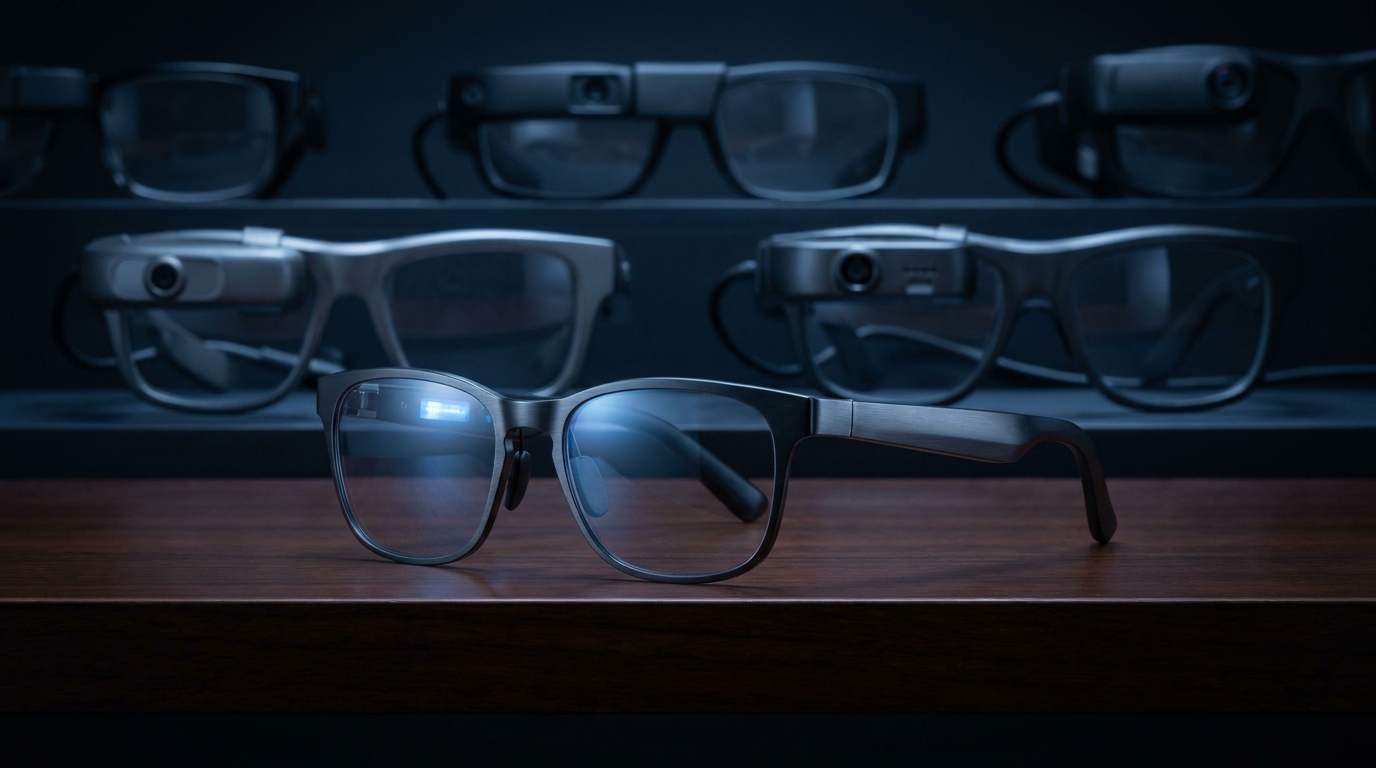 Sleek, minimalist smart glasses with only a subtle glow from a projected display, contrasted against blurred background images of larger, more complex smart glasses with visible cameras.