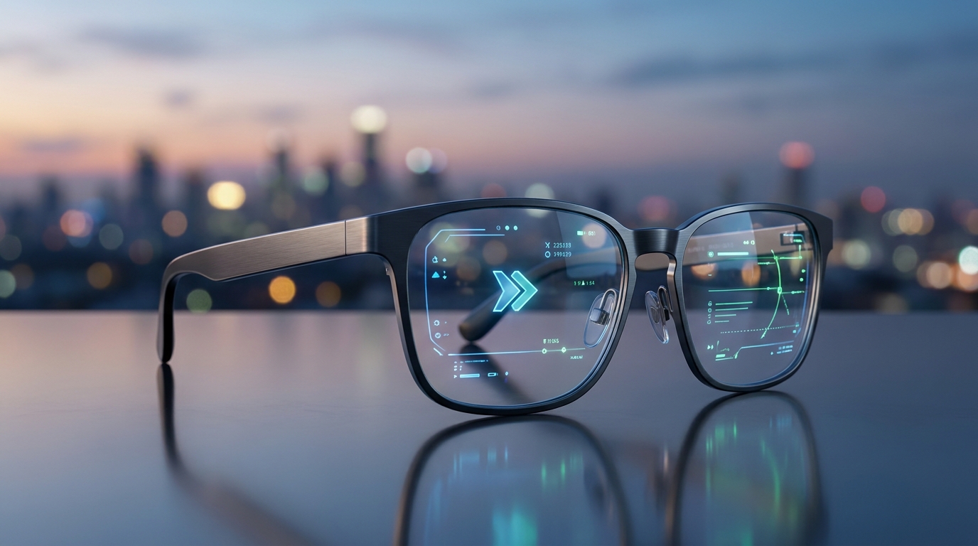 Sleek, futuristic smart glasses displaying an augmented reality overlay, with no visible camera lens, against a blurred city background.
