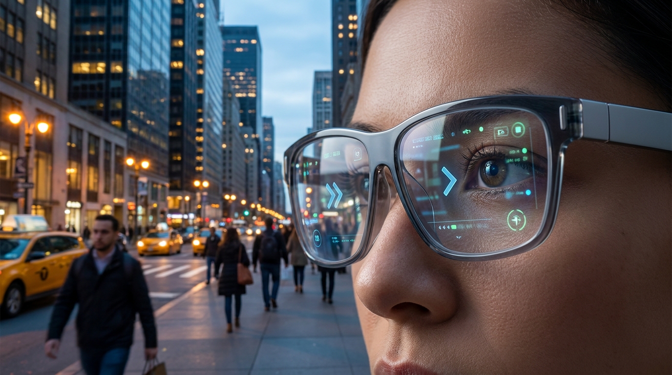 Futuristic smart glasses displaying subtle augmented reality information over a bustling city street, blending digital overlays with real-world vision.