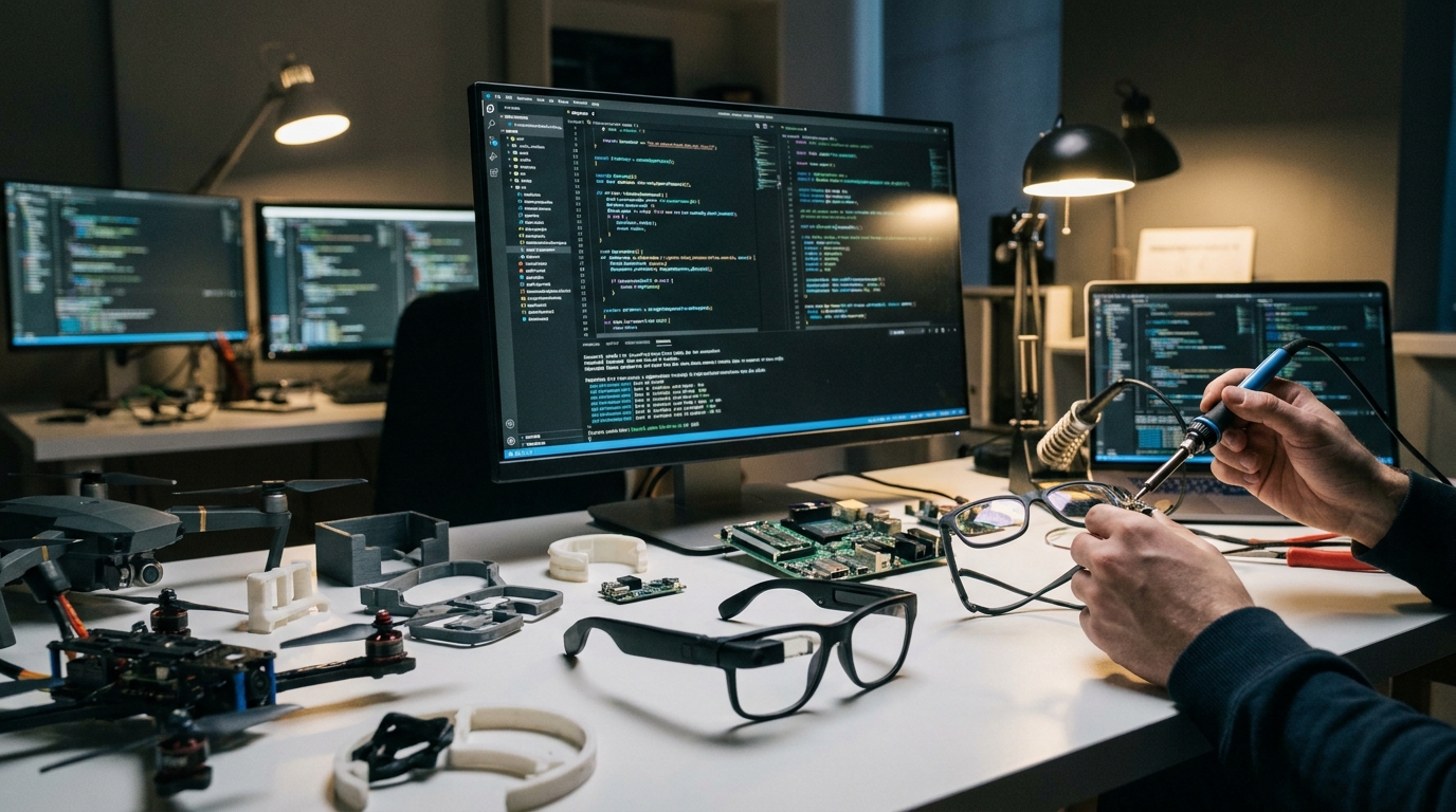 A hacker's desk with open-source smart glasses prototypes, circuit boards, and coding screens, symbolizing innovation and building.