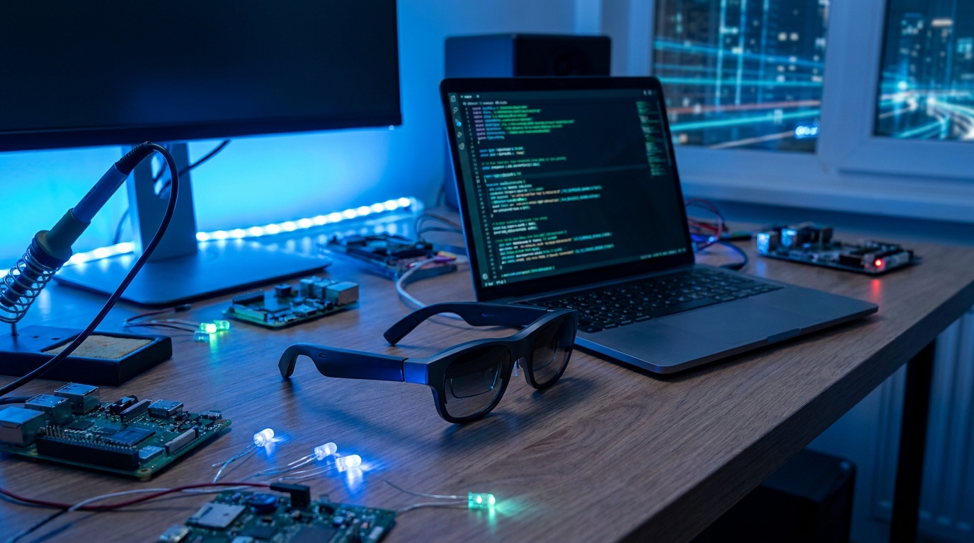 Ein Hacker-Schreibtisch mit Smart Glasses, einem Laptop, der Code anzeigt, und verschiedenen elektronischen Komponenten, gebadet in einem futuristischen blauen Licht.