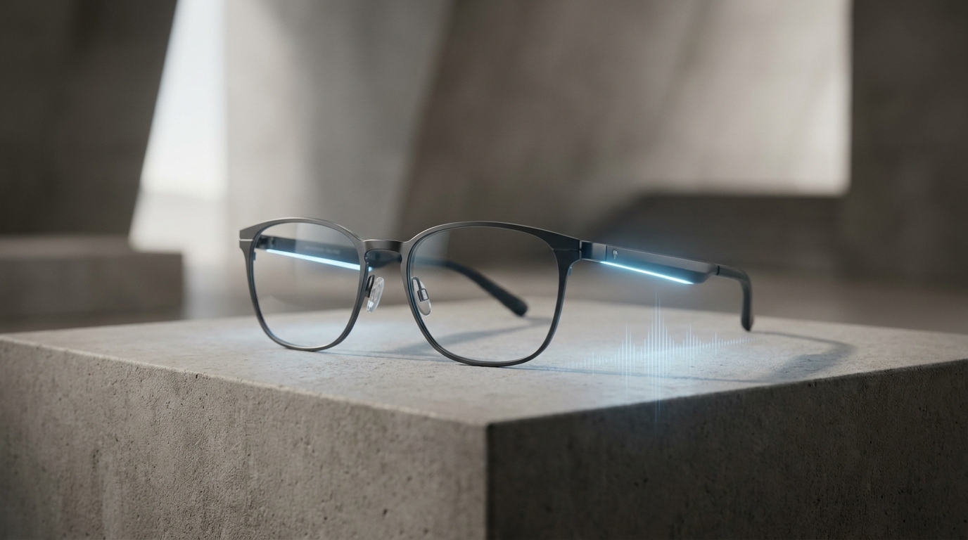 gafas elegantes y minimalistas sin tecnología visible, quizás un sutil brillo de IA o un gráfico de onda sonora