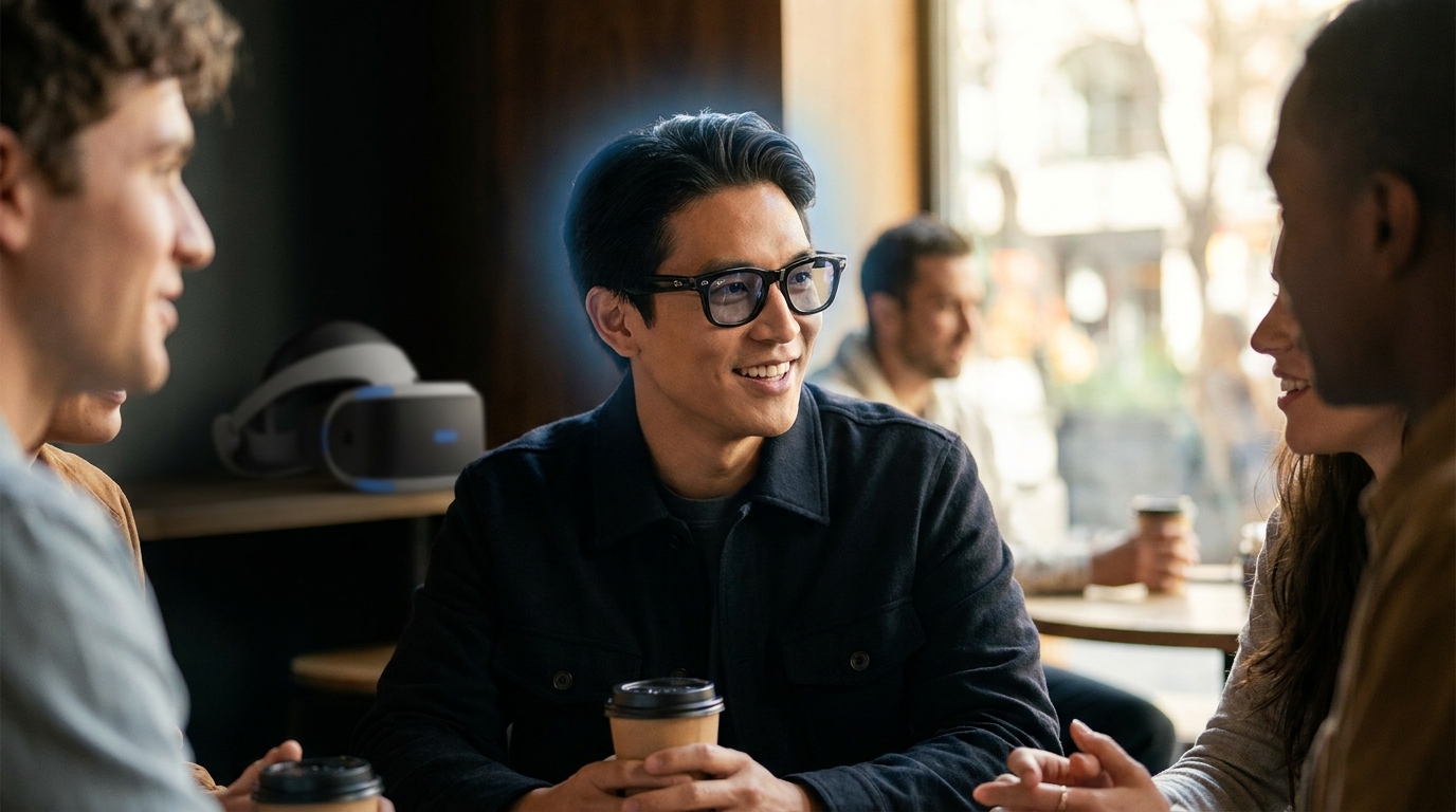 Stilvolle Person trägt Ray-Ban Meta Brille, lächelt und interagiert ungezwungen in einer realen Umgebung, mit einem subtilen KI-Leuchten um ihren Kopf, im Kontrast zu einem unscharfen, isolierenden VR-Headset im Hintergrund.