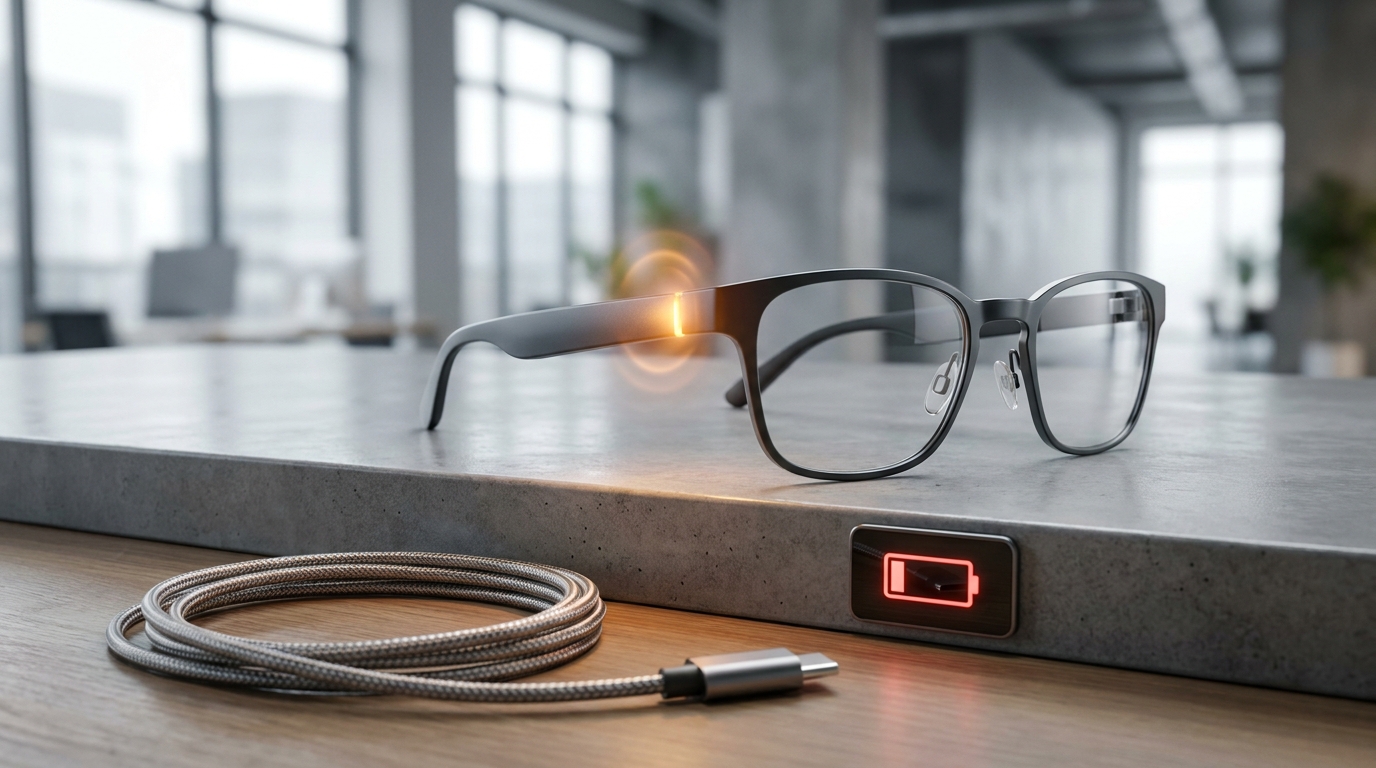 Ein schlankes, modernes Smart-Glasses-Design mit einem subtilen Leuchten an den Bügeln, das Energie anzeigt, aber auch ein sichtbares Ladekabel in der Nähe oder ein Batteriesymbol auf einer kleinen Schnittstelle, das einen niedrigen
