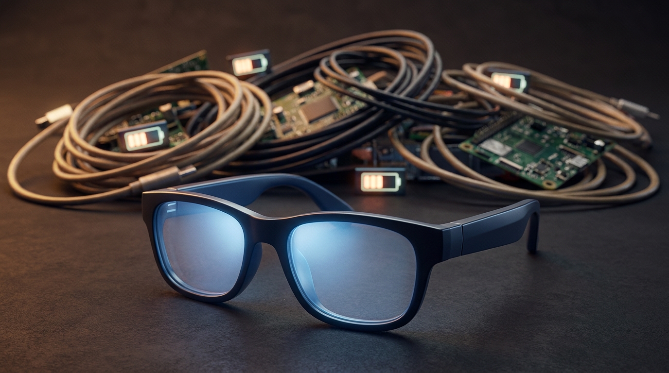 A pair of sleek, modern smart glasses with a subtle glow, juxtaposed against a chaotic background of wires and battery symbols, hinting at hidden compromises.