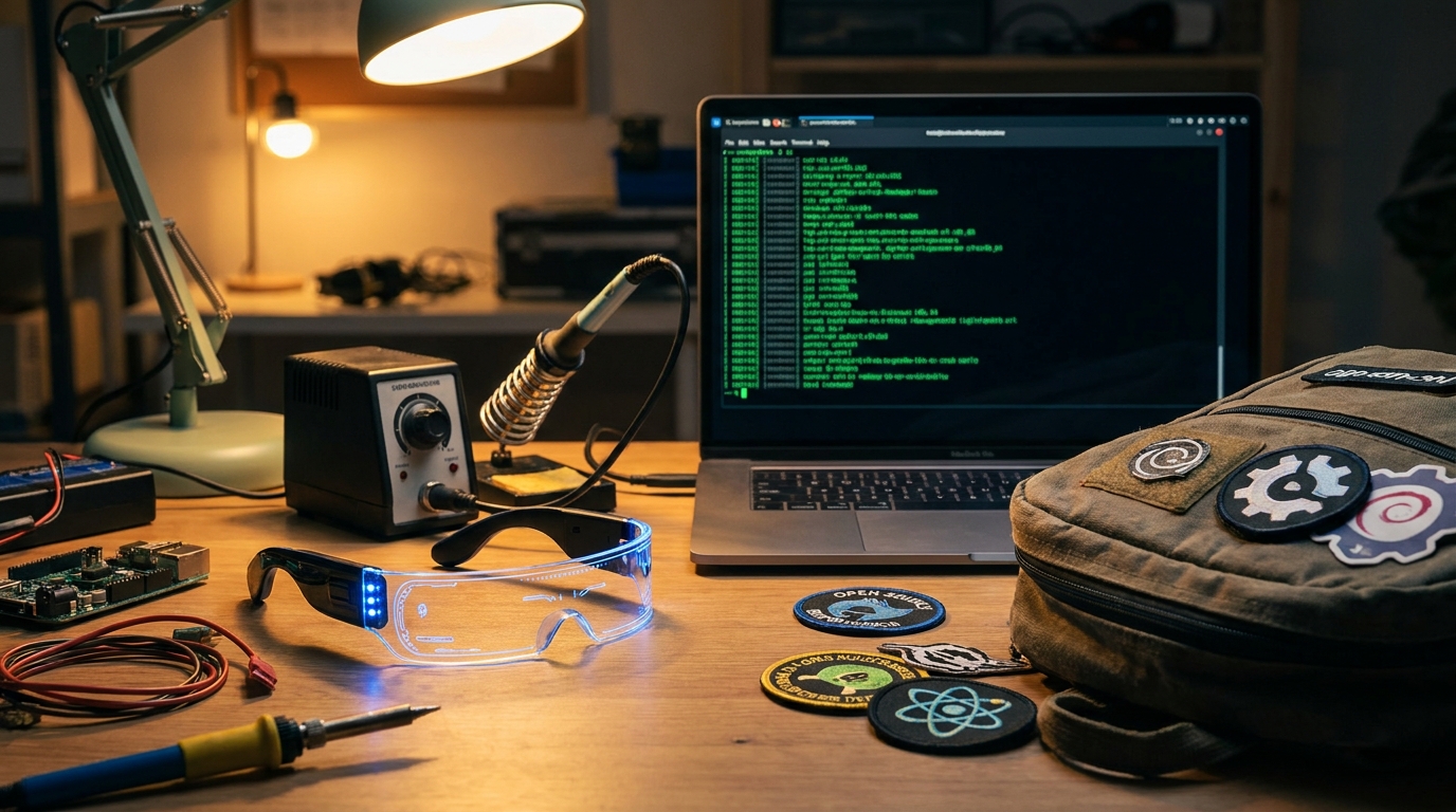 A hacker's desk with smart glasses, a soldering iron, a laptop showing code, and open-source logos. A glow emanates from the glasses.