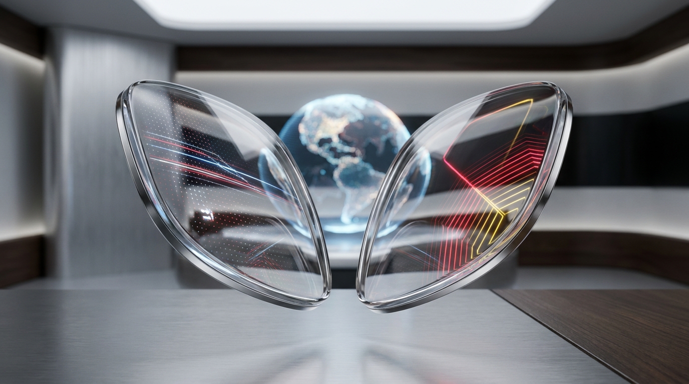 Abstract representation of two stylized smart glasses lenses, one subtly overlaid with a red, white, and blue motif, the other with red and yellow, converging on a blurred world map.