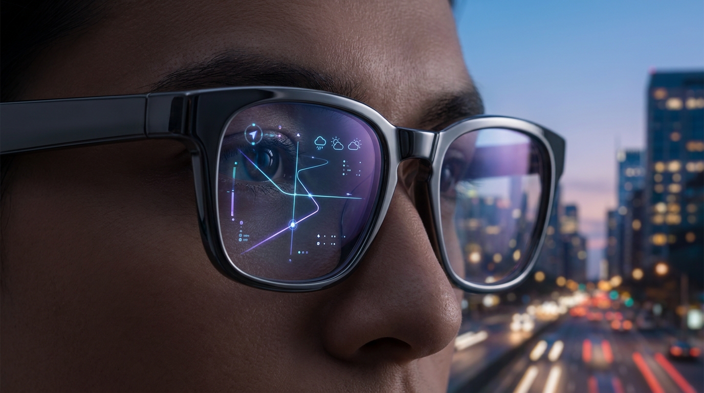 Close-up of sleek smart glasses with a subtle glowing AI interface visible through the lens, against a blurred cityscape background.