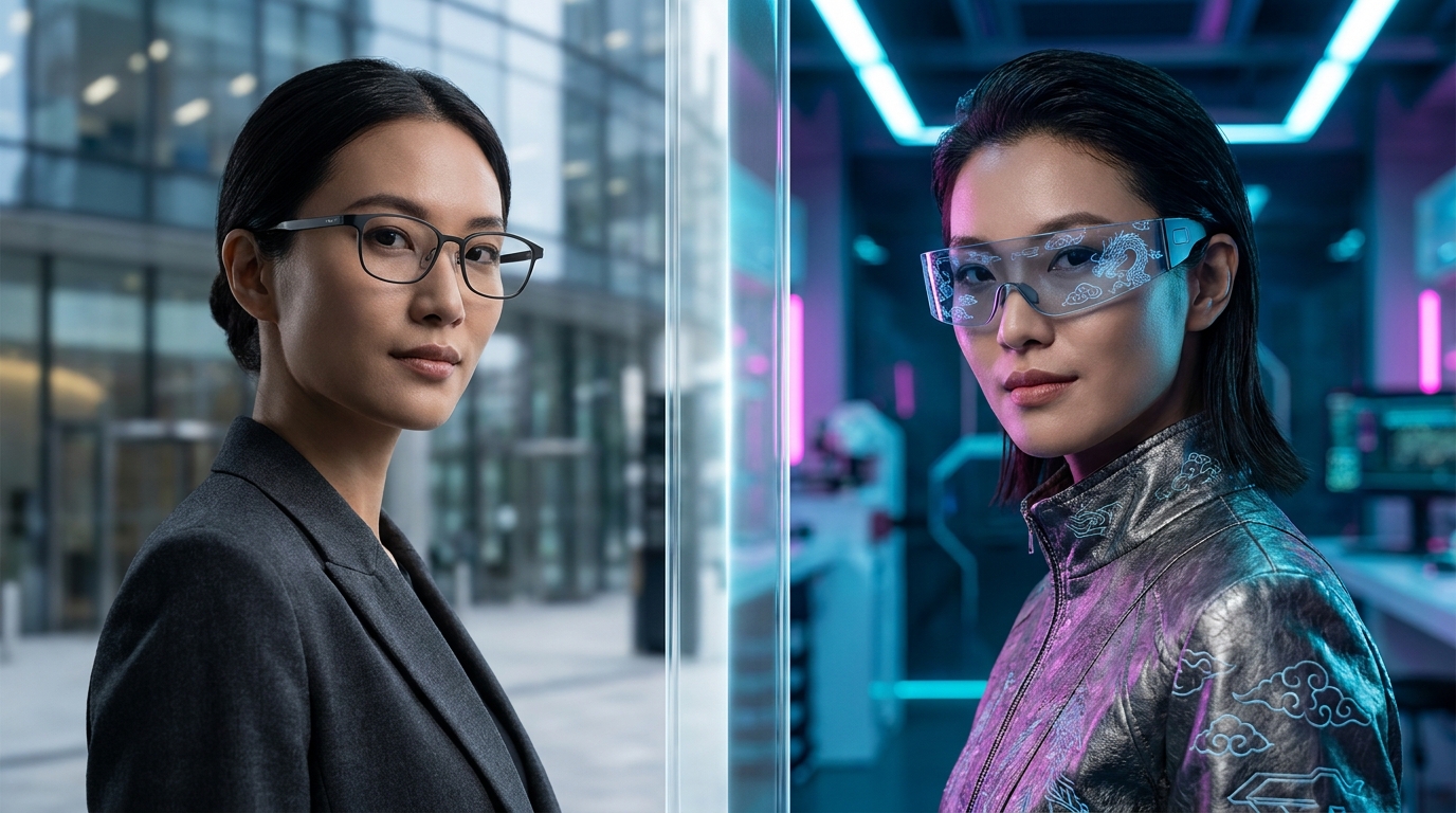 Una imagen dividida estilizada que muestra a una persona occidental con smart glasses elegantes y discretas en un lado y a una persona con un diseño futurista e integrado de smart glasses con motivos chinos sutiles en el otro