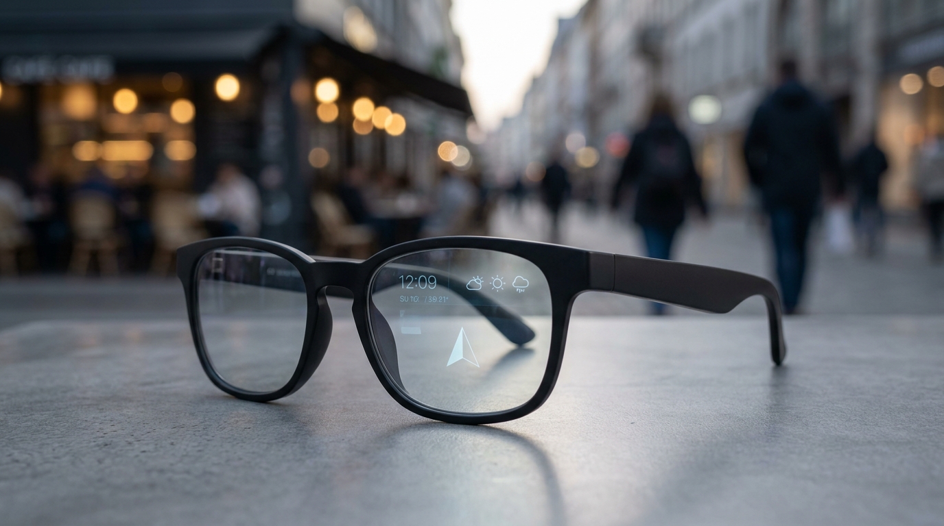 A stylish, minimalist pair of smart glasses with a subtle, glowing heads-up display reflecting in one lens, blending seamlessly with a blurred background of daily life.