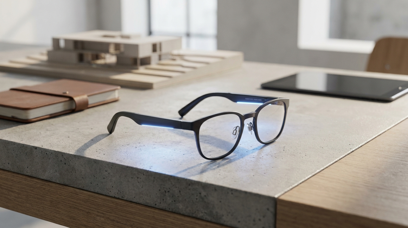 Eine schlanke, minimalistische Smart Brille liegt auf einem Tisch, wobei ein schwacher, ätherischer Schein von ihren Bügeln ausgeht, was auf verborgene AI-Fähigkeiten hindeutet und nicht auf ein sichtbares Display.