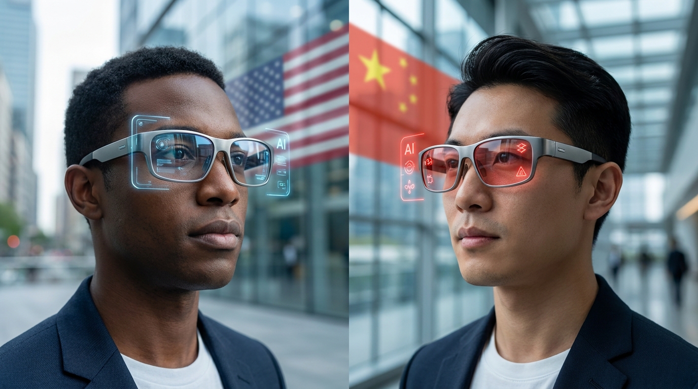 多様な人々が着用する未来的なスマートグラス、半分は米国旗の背景、半分は中国旗の背景、微細なAIオーバーレイが見える