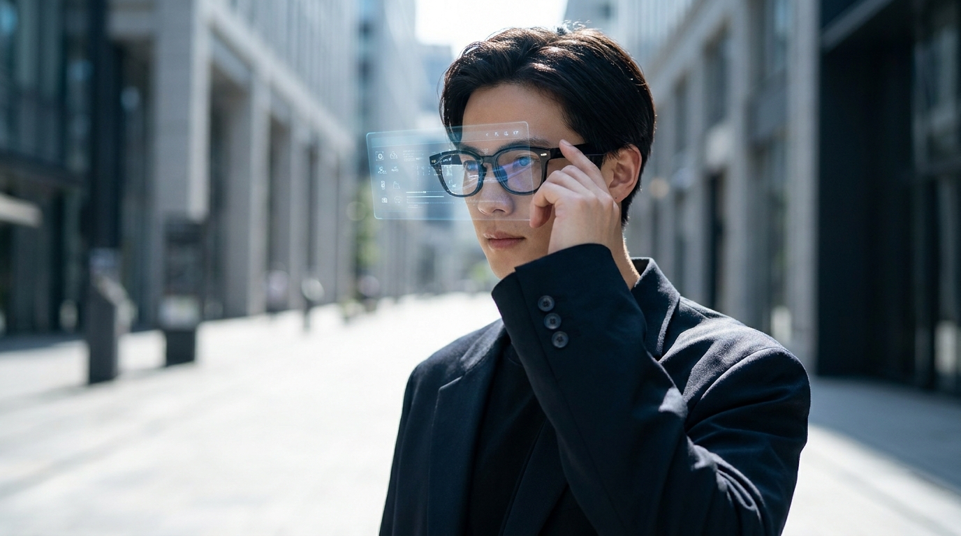A stylish person wearing Ray-Ban Meta glasses, subtly interacting with the world around them, with a faint, non-intrusive AI graphic overlay.