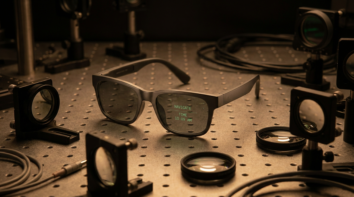 Minimalist smart glasses with subtle green MicroLED text heads-up display sitting on an optical table.