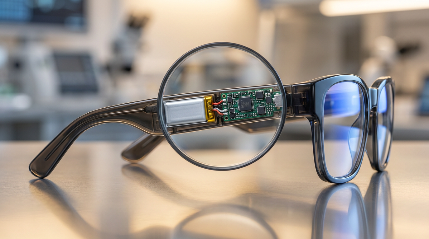 Eine Nahaufnahme des Querschnitts eines schlanken Smart-Glasses-Bügels mit Miniatur-Lithium-Akku und winziger Platine
