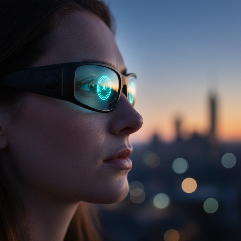 Person wearing modern AI smart glasses at twilight with soft cyan AI assistant glow reflected in lenses