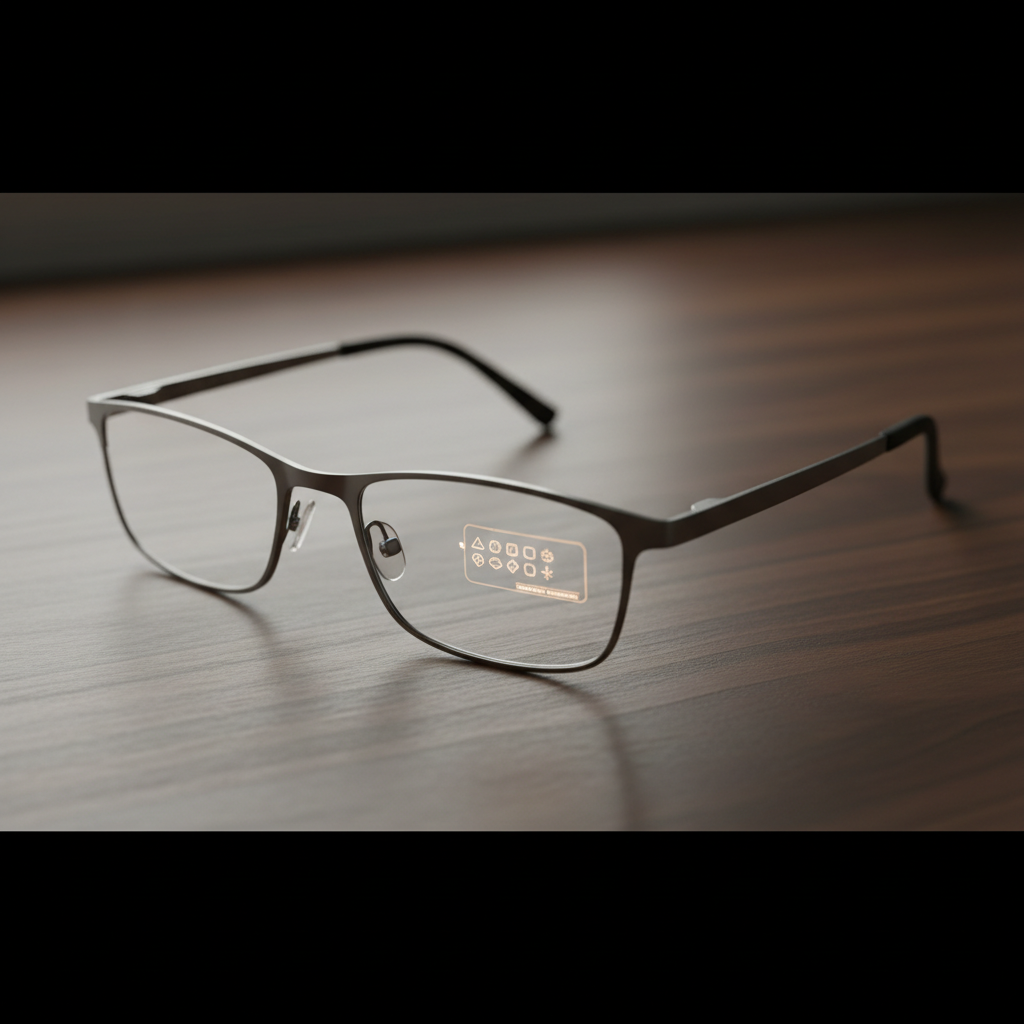 Minimalist HUD-only smart glasses on a dark walnut surface with subtle amber HUD reflection