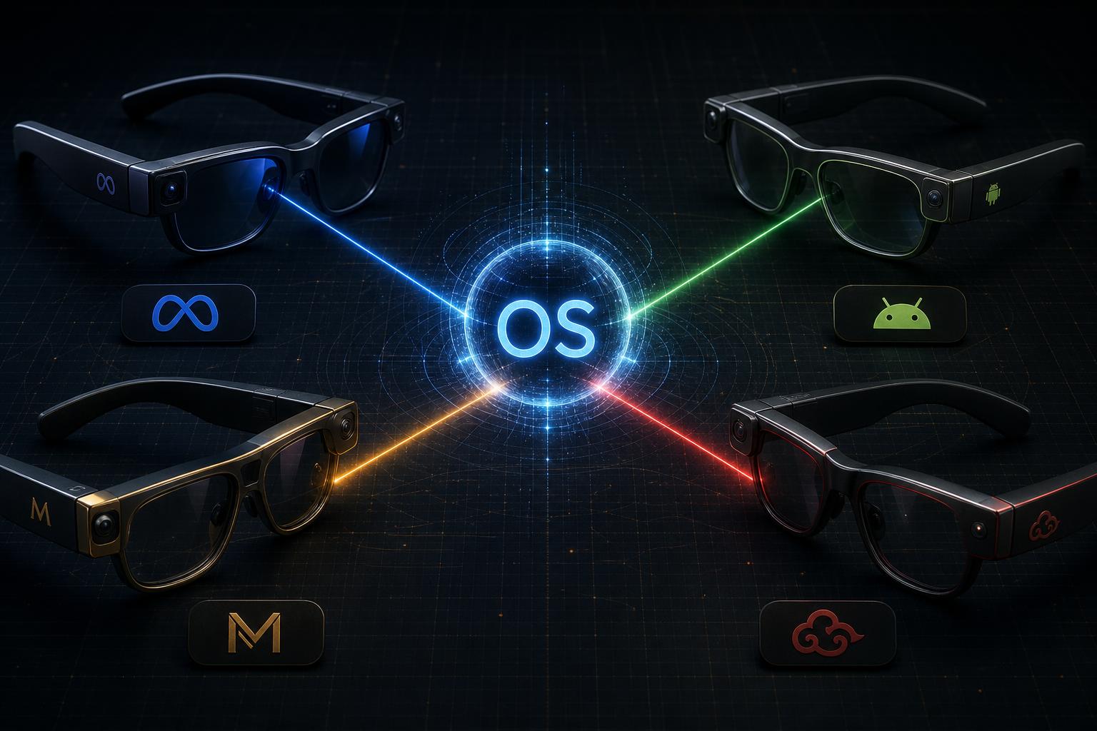 Drei verschiedene Smart Glasses Modelle, die unterschiedliche Betriebssystemansätze repräsentieren, auf einer sauberen, futuristischen Oberfläche.