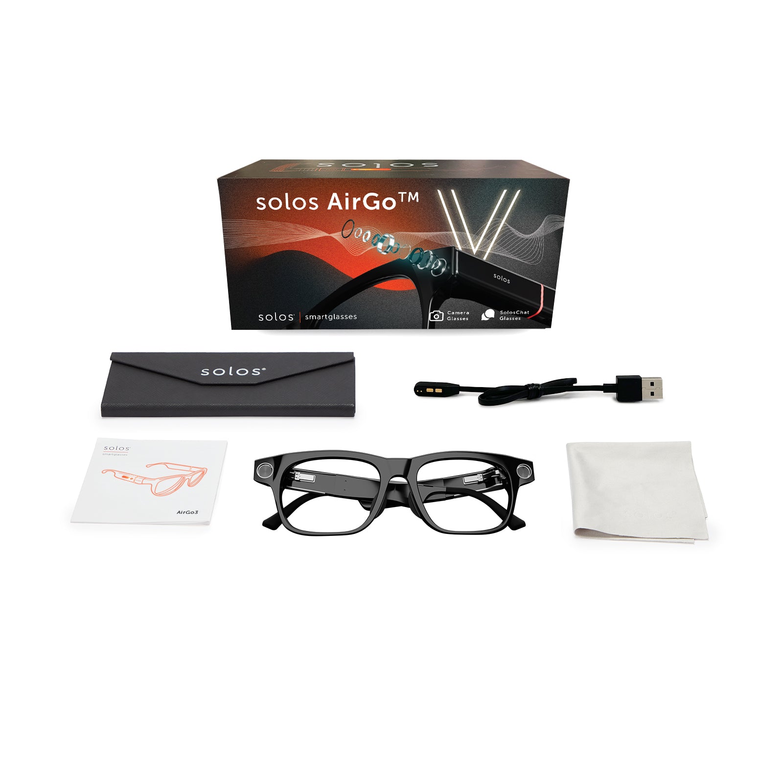 Solos AirGo V2 smart glasses frame, featuring modular components and sleek design